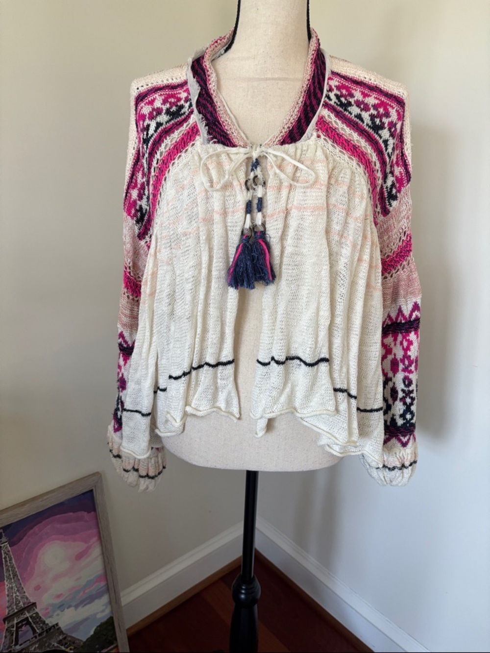 Free People Ivory Knit cardigan with Pink Patterned Sleeves XS